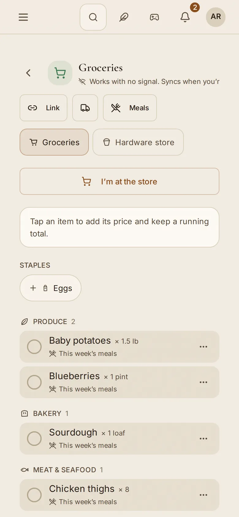 The same list on a phone, with Lemons checked off offline