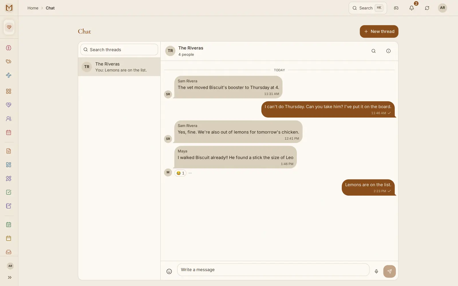 The family's chat thread, with a reaction on Maya's message