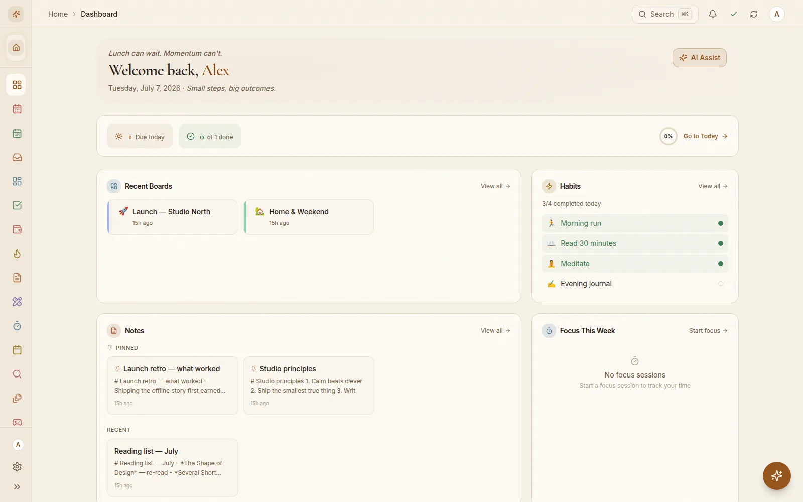 Dashboard — today, boards, habits and notes at a glance