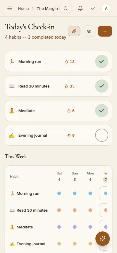 The Margin habits on a phone: today's check-in with streaks