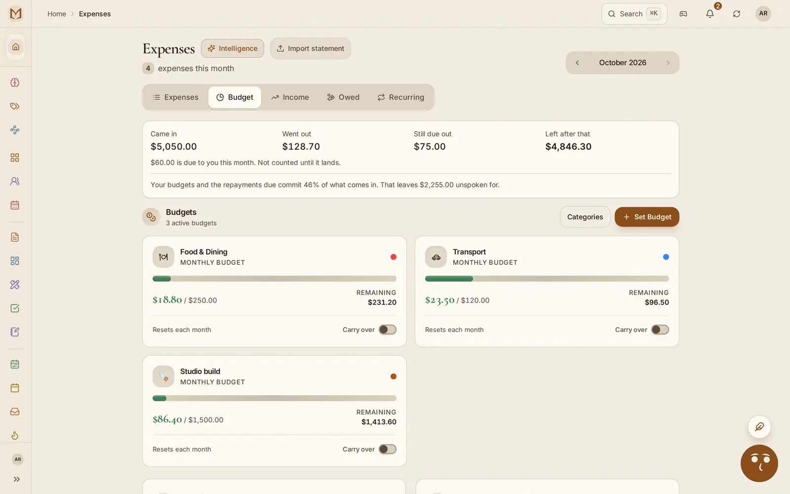 The money page with the month's spending