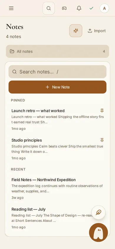 Notes on a phone: pinned and recent, folders and notes in one panel