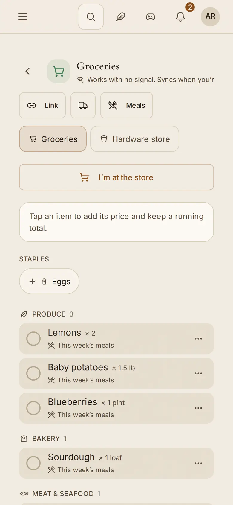 The shared shopping list on a phone