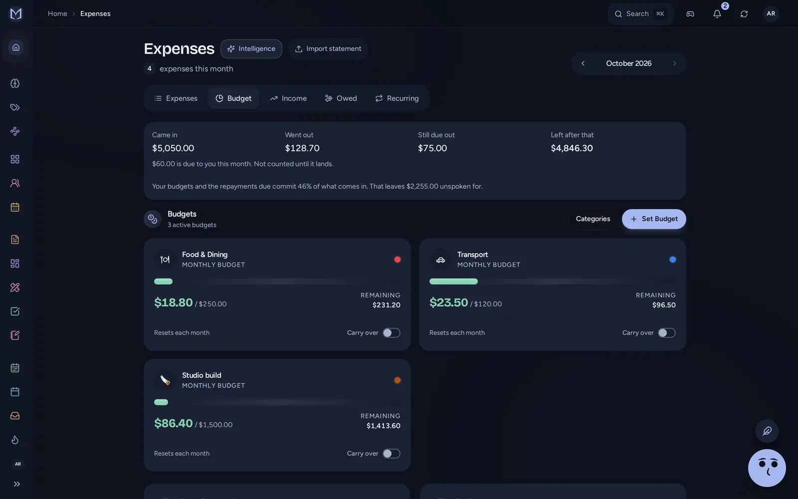 The money page with the month's spending