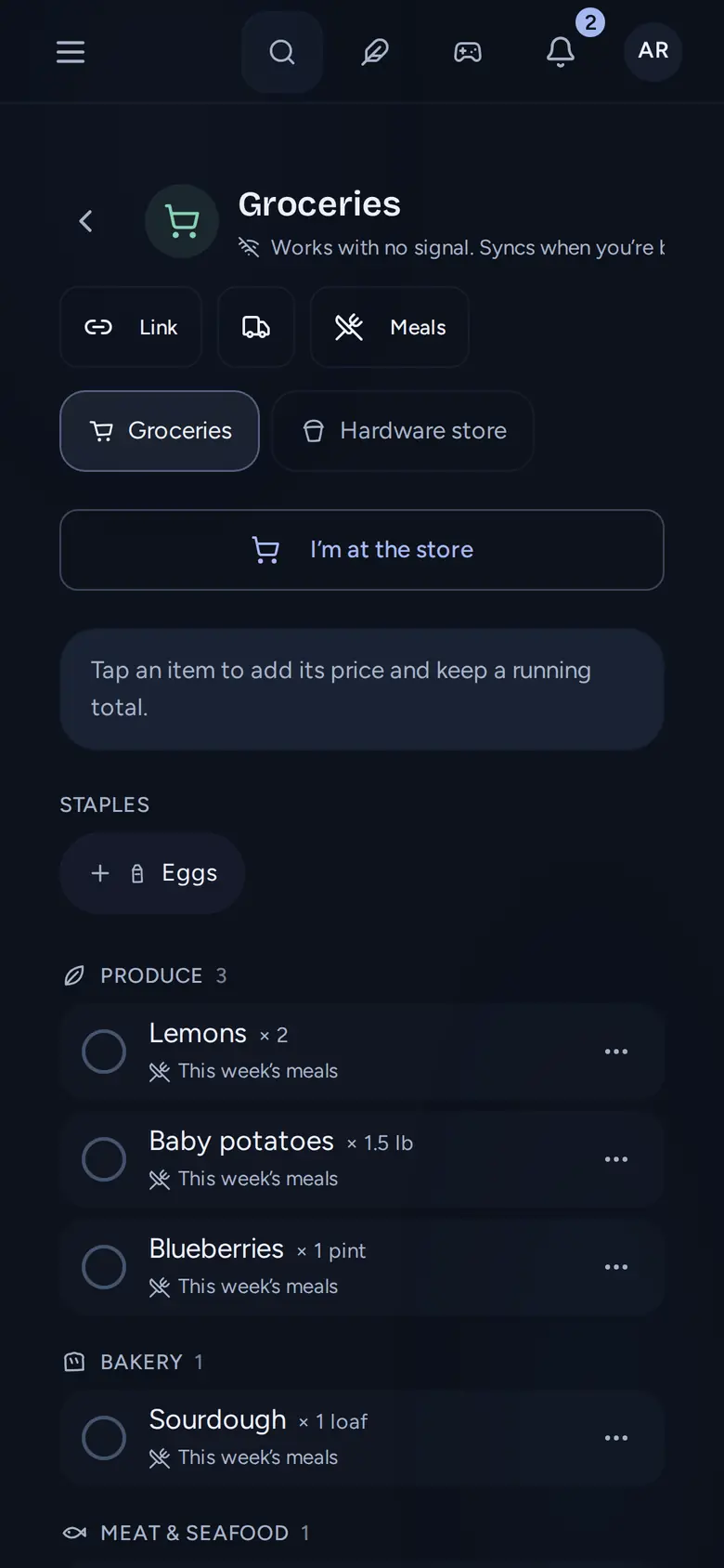 The shared shopping list on a phone